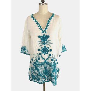 Roberta Freymann Tunic Blue Floral 3D Embroidered  3/4 Sleeve‎ Cotton Boho Sz S